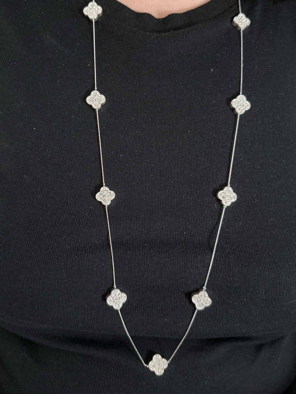 Clover Station Statement Necklace w Crystals Silvertone 34 Inches Lobster Clasp